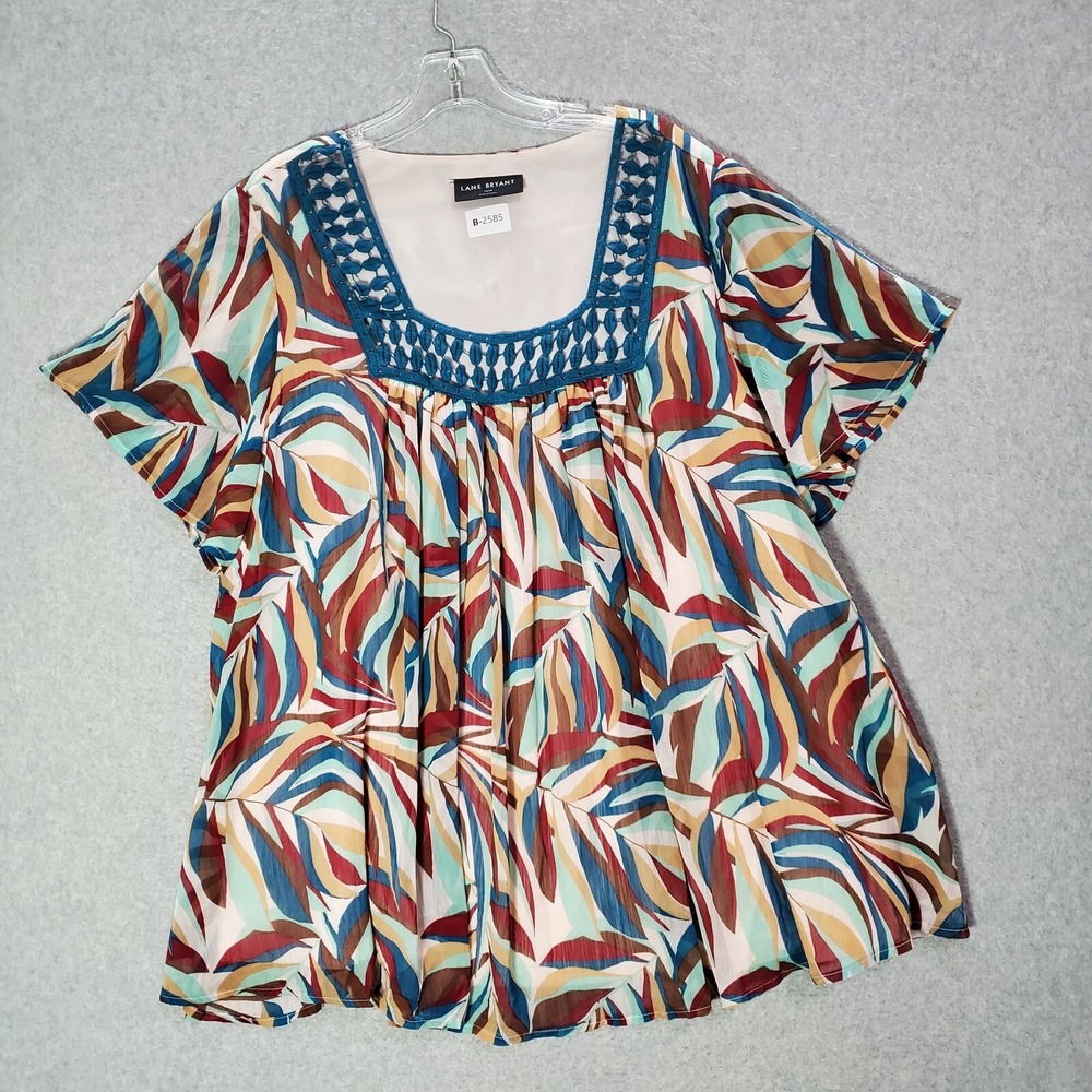 Lane Bryant Women Top 18/20 Red Botanical Artsy Colorful Crochet Square Neck‎